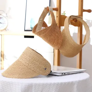 Handmade straw sun visor hat, summer raffia empty top beach hat for outdoor sun protection.