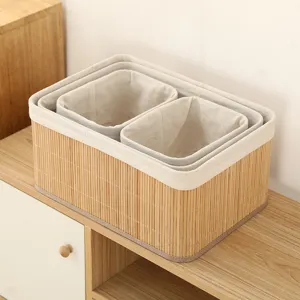 Geneste geweven desktop opbergmand met stoffen voering voor cosmetica en thuis.