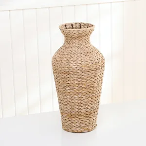 Handmade seagrass woven flower vase retro desktop decorative narrow mouth dried floral basket