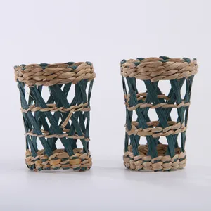 Woven straw cup sleeve set, rustic vase decorative handmade wicker basket for home decor.