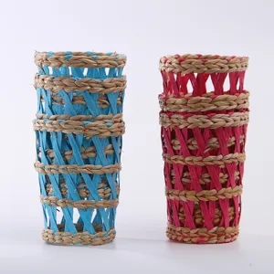 Handcrafted woven straw cup sleeves and decorative bottle covers set for home decor