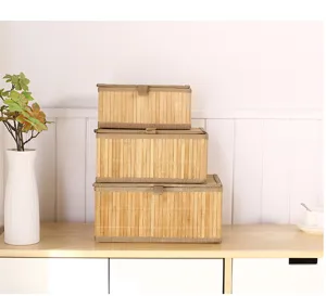 Caja de almacenamiento de bambú para escritorio, cesta tejida con tapa para ropa y juguetes.