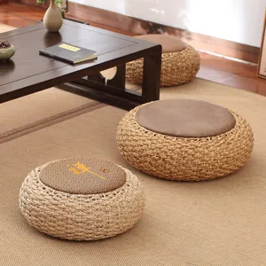Handwoven straw meditation cushion thick tatami floor pouf round tea mat for home decor