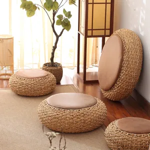 Round straw woven floor cushion thick rattan pouf tatami meditation mat for home balcony