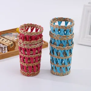 Handwoven straw cup sleeves, colorful woven bottle holders, creative home table decor accessories