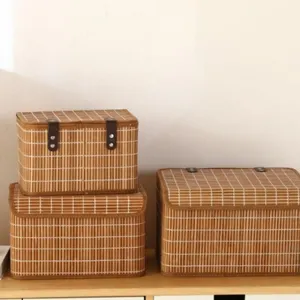 Bamboe opbergmand bureau organizer geweven container met deksel voor speelgoed en kleding