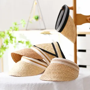 Summer Pastoral Handmade Raffia Straw Sun Visor Hat Women Men Breathable Beach Outdoor Empty Top Sunhat Cap