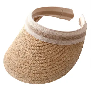 Summer straw sun visor hat for outdoor beach, handmade woven empty top UV protection cap.
