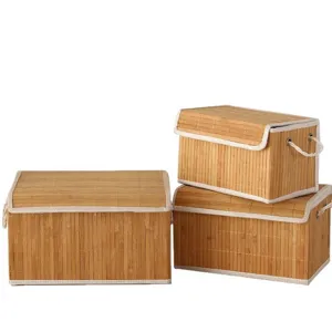 Bamboe opbergdoos set met deksel stoffen rand voor thuis desktop speelgoed organizer container