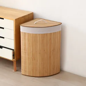 Cesta de ropa esquinera de bambú con tapa y asa de cuerda, cesto de almacenamiento plegable.