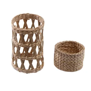 Natural straw woven cup sleeve and vase cover set, handmade rustic home decor for bottles.