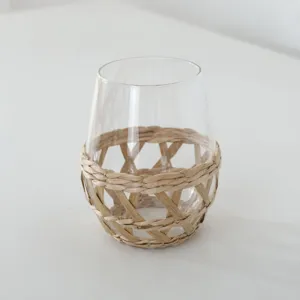 Jarrón de vidrio tejido a mano con funda de ratán natural portavelas vintage taza