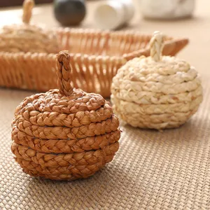 Handcrafted straw pumpkin ornaments for autumn decoration, natural woven desktop crafts decor.