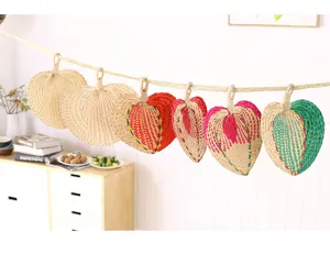 Handmade woven straw fan Chinese traditional heart shaped fan summer cooling decor item