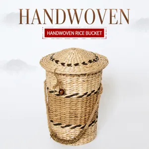 Cesta de Almacenamiento de Paja de Tifa Natural Hecha a Mano Cubo de Arroz Tejido Contenedor Organizador Estilo Campestre Hogar