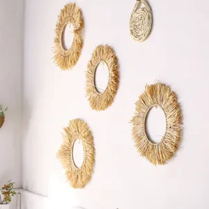 Handwoven straw wall hanging decor, rustic fringe round wall art for living room home.