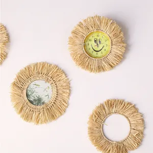Forest style straw woven wall hanging clock mirror set, creative bohemian decor for home room.
