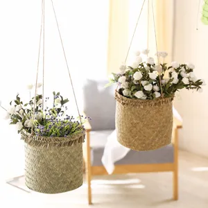 Handmade Woven Grass Flower Basket Rattan Storage Basket Pastoral Plant Pot Holder For Living Room Balcony