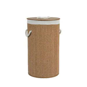 Woven bamboo laundry hamper with lid and rope handles, round storage basket for home use.