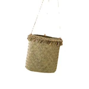 Handwoven straw hanging flower basket natural rattan plant pot holder for home balcony decor