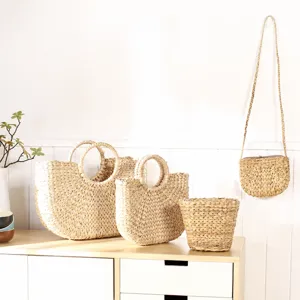 Handmade Natural Cattail Woven Shopping Storage Basket Pastoral Style Eco-Friendly Plant Fiber Tote Bag Organizer