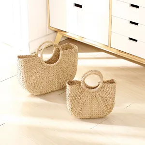 Handmade straw woven shopping storage basket set, natural grass round handle organizer bag for home.