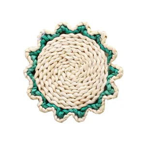 Natural straw woven wall hanging decorative mat, handmade bohemian style round table placemat.