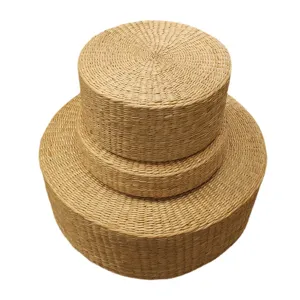 Natural woven straw round cushion set, thick tatami meditation floor mat for cozy home decor.