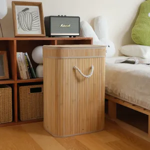 Cesta para ropa sucia de bambú natural con tapa y asas de cuerda, cesto plegable para el hogar.