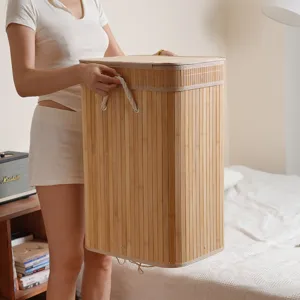 Cesto de ropa plegable de bambú con tapa, cesta de almacenamiento grande para el hogar.