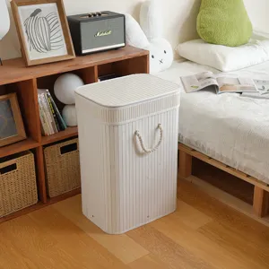 Cesto Plegable de Bambú para Ropa Sucia con Tapa Cesta de Almacenamiento de Gran Capacidad Forrada de Tela para Dormitorio Sala de Estar