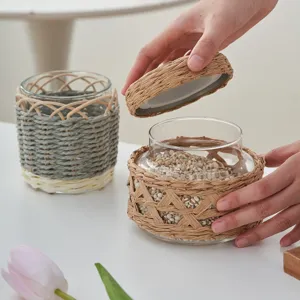 Handgefertigtes Rattan gewebtes Glas Vorratsglas mit Deckel, vintage Kuechen Behaelter.