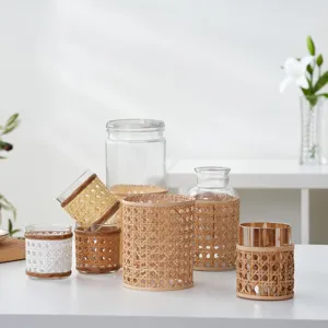 Handmade Rattan Woven Glass Vase Retro Wicker Hydroponic Flower Bottle Tabletop Decorative Ornaments Home Decor