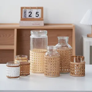 Handcrafted rattan glass vase vintage woven dried flower hydroponic bottle tabletop decor detail