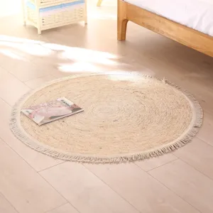 Handmade Woven Straw Tassel Round Area Rug Natural Plant Fiber Floor Mat Boho Home Decor Living Room Bedroom Wall Hanging