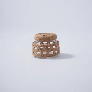Handgemachte gewebte Rattan-Glas-Vorratsdose mit Deckel, vintage wärmeisolierte Tassenhülle