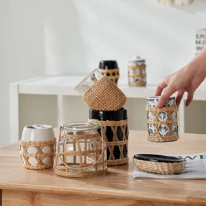 Handmade Woven Straw Glass Bottle Cover Home Decor Rustic Woven Protective Net Bottle Vase Tabletop Decorative Craft