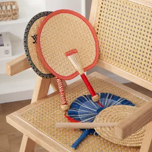 Handwoven Natural Straw Fan Traditional Chinese Style Summer Cooling Hand Fan with Colorful Binding and Tassel Home Decor