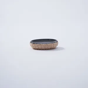 Handmade woven straw bottle sleeve and storage tray, natural rattan home decor ornament.