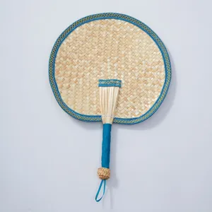 Handmade woven straw fan traditional summer cooling fan with blue border and handle 1pc
