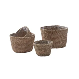 Set di cesti per piante in erba marina, coprivasi intrecciati a mano per decorazioni da tavolo.