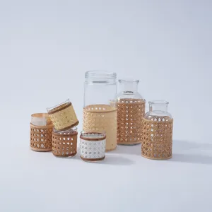 Handmade rattan wrapped glass vase set, vintage woven flower container for home decor.