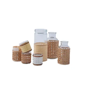 Handmade rattan glass vase set, retro woven hydroponic bottle for home table decor.