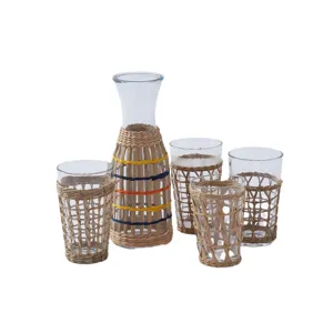 Woven glass pitcher and cups set with natural rattan sleeve for kitchen, home and office use.