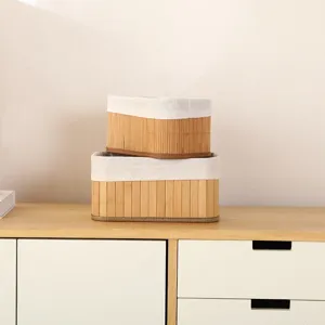 Detailed view of pastoral style bamboo woven storage baskets set for home organization.