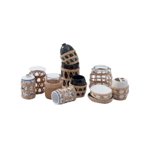 Hand-woven straw rattan sleeve glass and ceramic bottle set home decorative containers