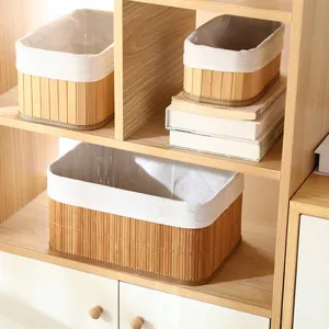 Natural bamboo woven storage basket with fabric liner, desktop organizer shelf decor box