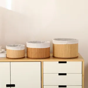 Pastoral style round bamboo storage basket with white fabric liner for desktop organization