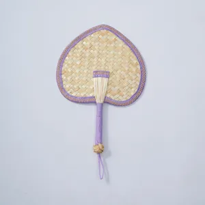 Handcrafted Woven Straw Fan Summer Cooling Hand Fan with Purple Trim Traditional Style