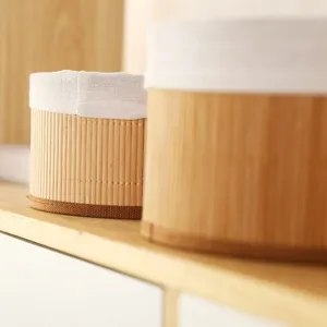 Bamboo storage basket detail with white fabric lining, rustic design for home organization.